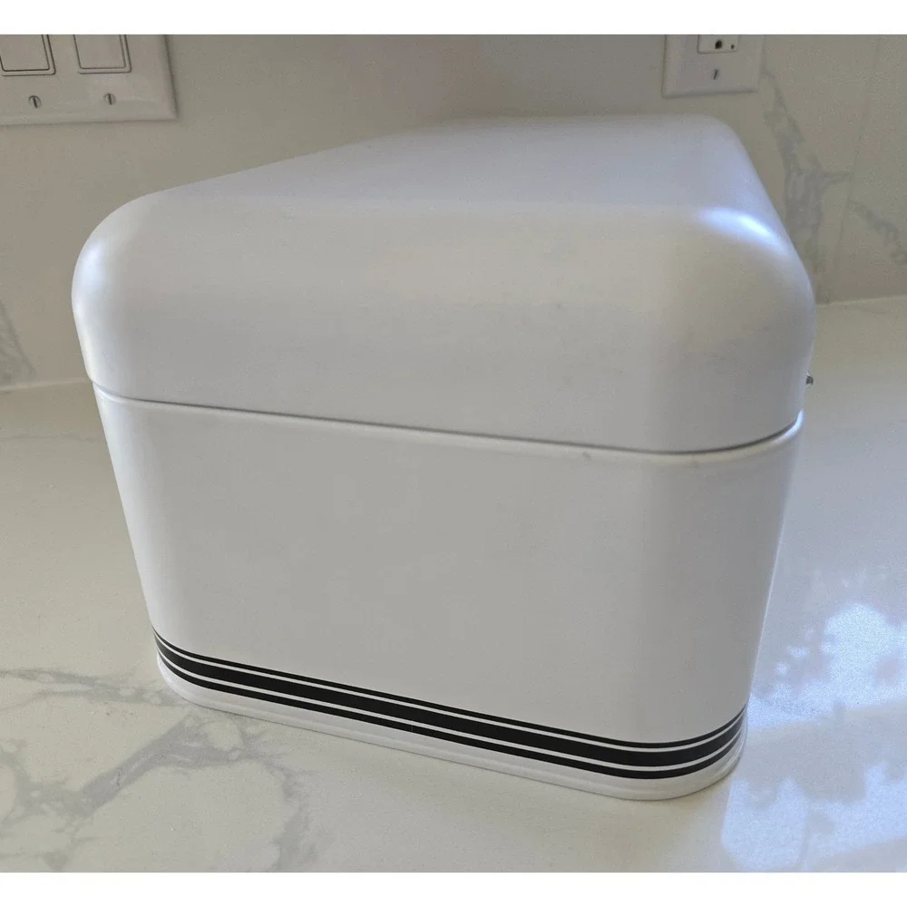 White Metal Bread Box Retro Countertop Storage‎ Bin with Hinged Lid and Stripes